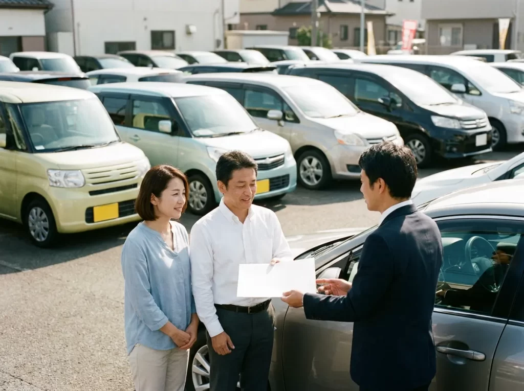 中古車販売店で見積書を確認する日本人夫婦