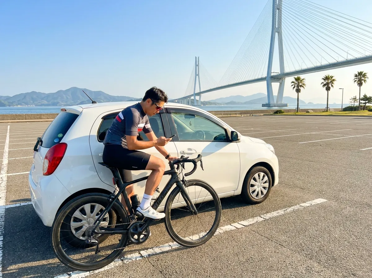 海沿いの駐車場で車とロードバイクを確認する日本人男性