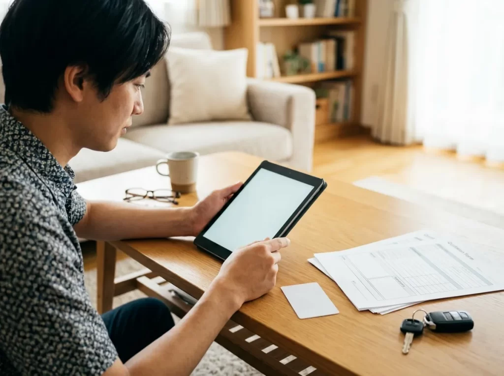 タブレット横で本人確認書類と見積書を準備する手元