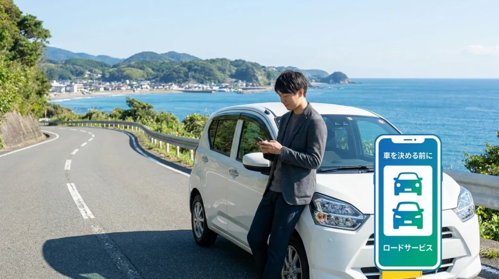 三重の海沿いを背景に車の購入計画を確認する人物