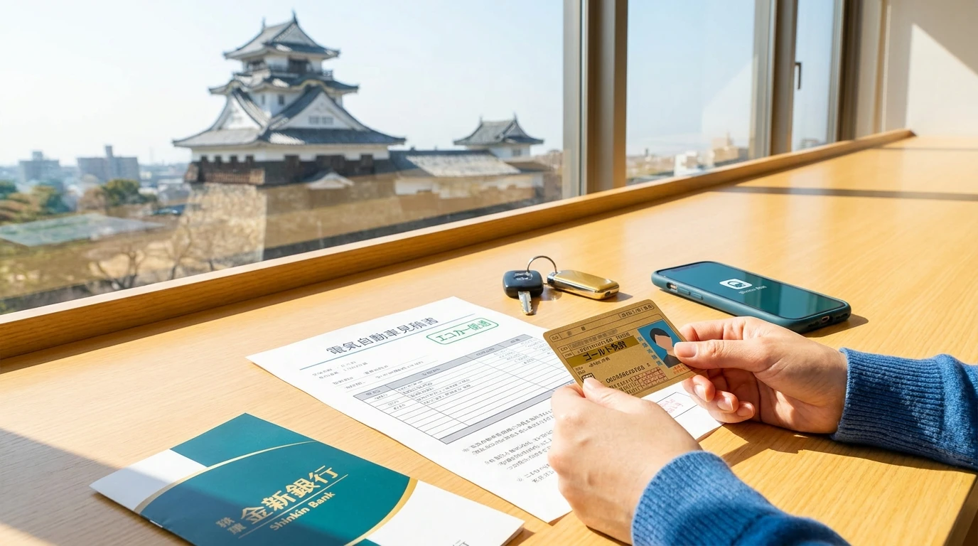 ゴールド免許証と電気自動車の見積書を確認するマイカーローン利用者