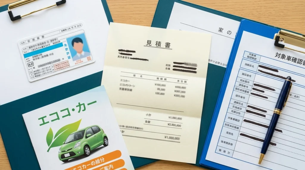マイカーローン申込みに必要な免許証と見積書を整理する人