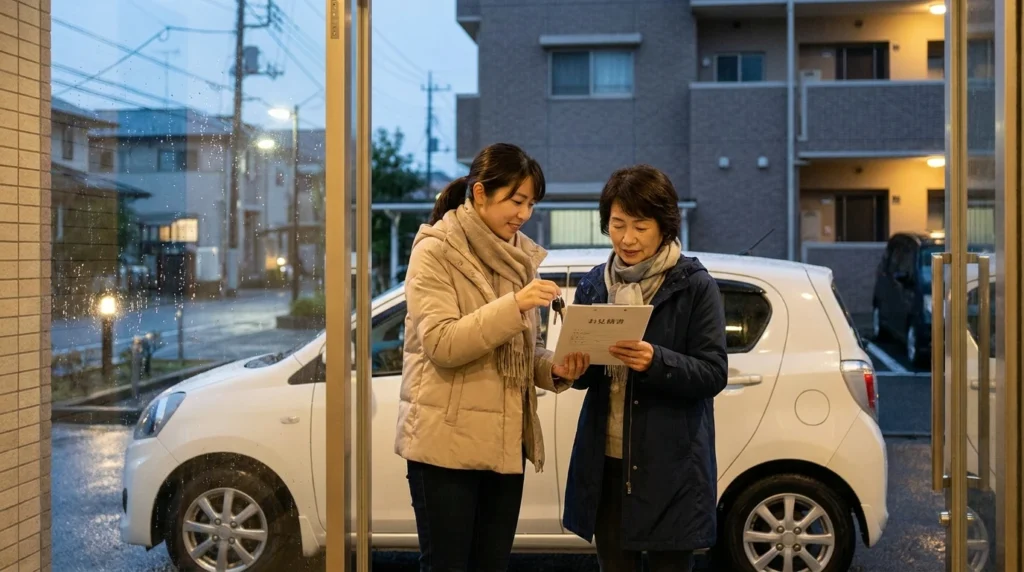 自宅前で車の鍵を渡しながら書類を確認する日本人の親子。