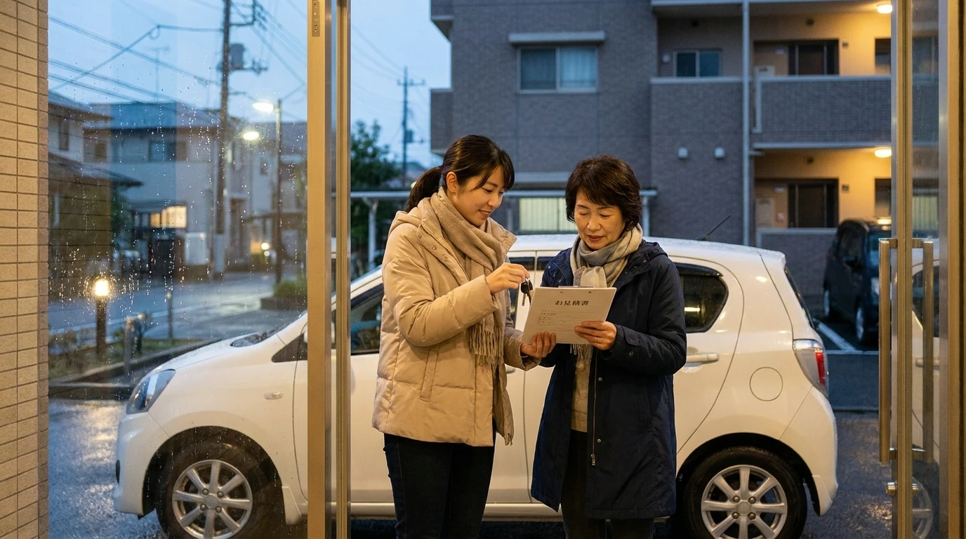 自宅前で車の鍵を渡しながら書類を確認する日本人の親子。