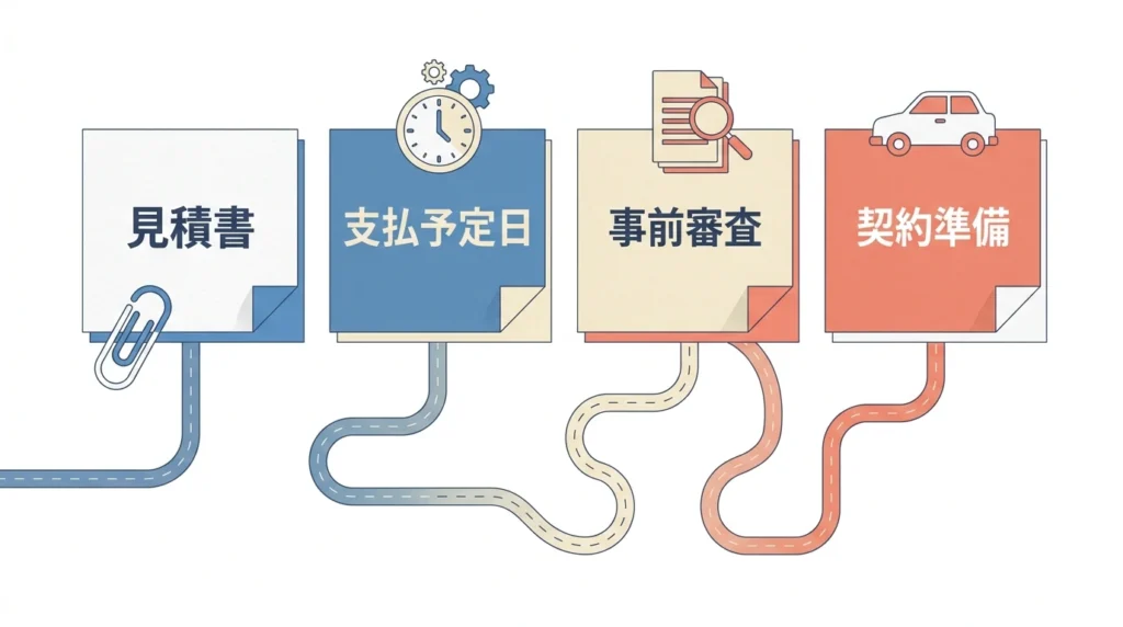 見積書から事前審査までの準備を示す日本語図解。