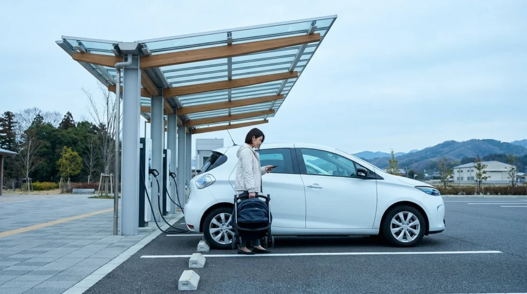 屋根付き充電スペースで白い電気自動車のそばにベビーカーを置く日本人女性