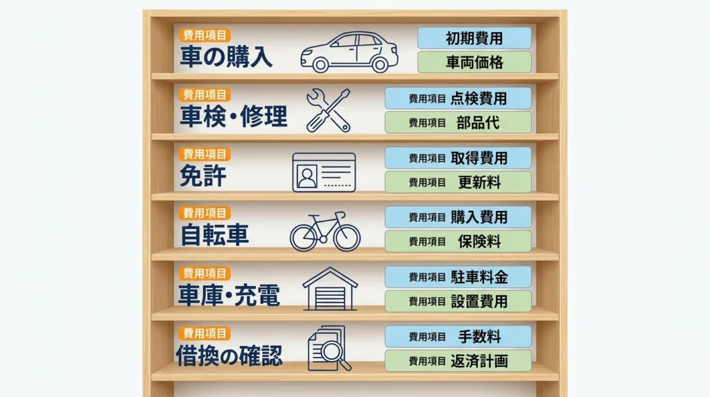 車の購入、整備、免許、自転車、車庫、借換の費用を棚に整理した図