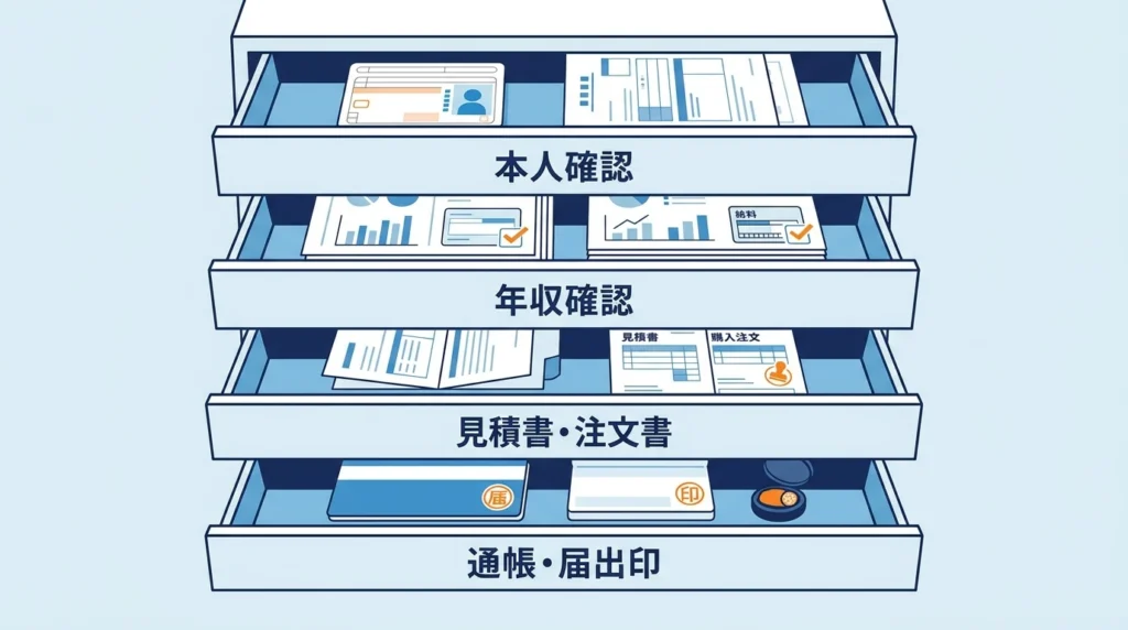 本人確認書類、年収確認書類、見積書、通帳と届出印を引き出しに整理した図