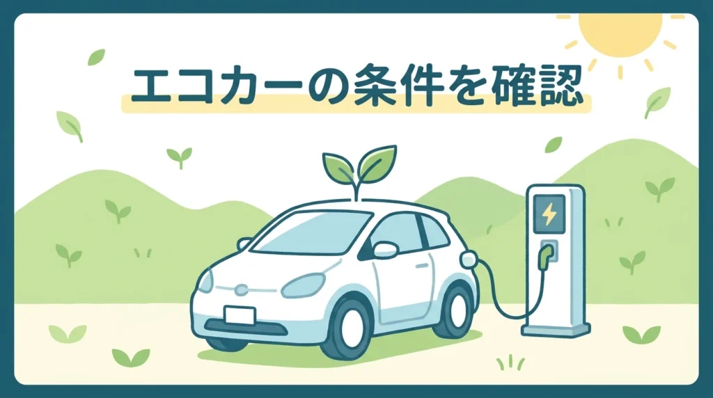 充電スタンドのそばに停車する電気自動車と、エコカー条件を示す葉のアイコン