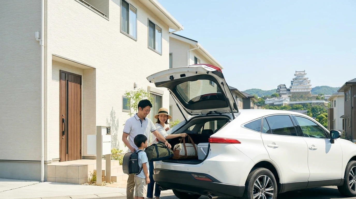 姫路城を遠景に望む自宅前で白いクロスオーバー車に荷物を積み込む日本人家族