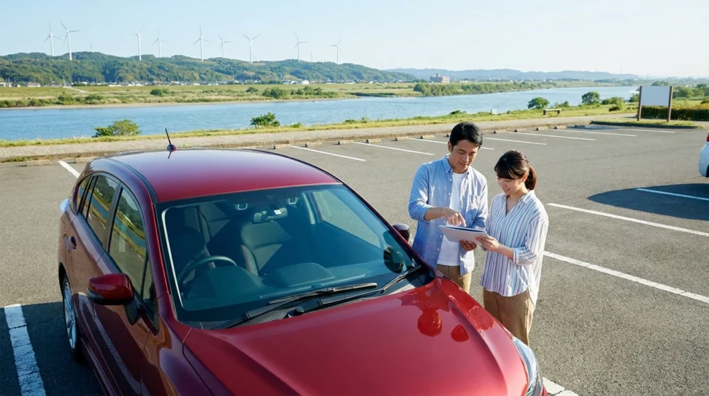銚子の風力発電施設が見える河口近くの駐車スペースで車の書類を確認する日本人父娘