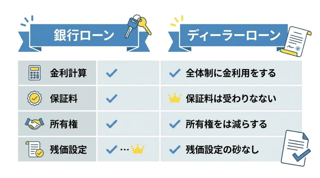 銀行ローンとディーラーローンの違いを比較する図解