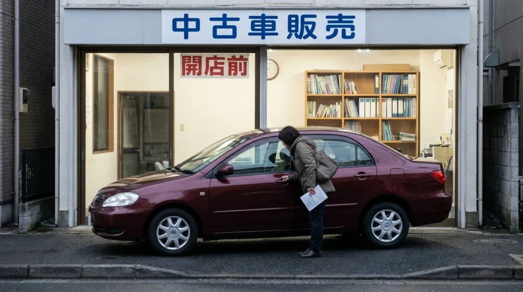 住宅街の自動車販売店前で中古セダンを確認する日本人女性。