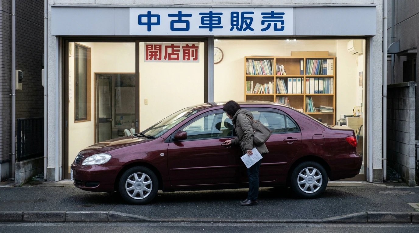 住宅街の自動車販売店前で中古セダンを確認する日本人女性。