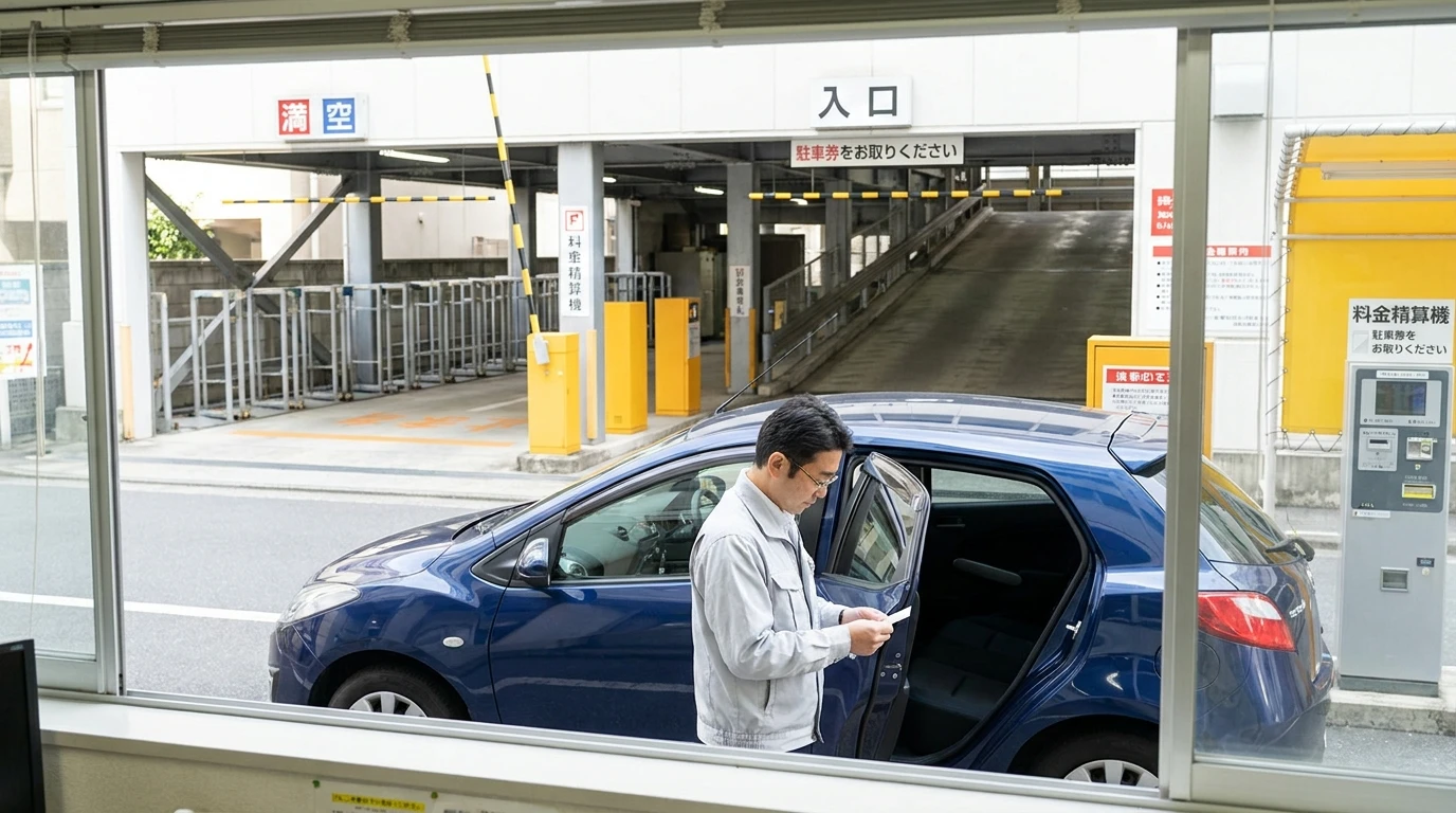 立体駐車場の入口で青いハッチバックを確認する日本人男性。