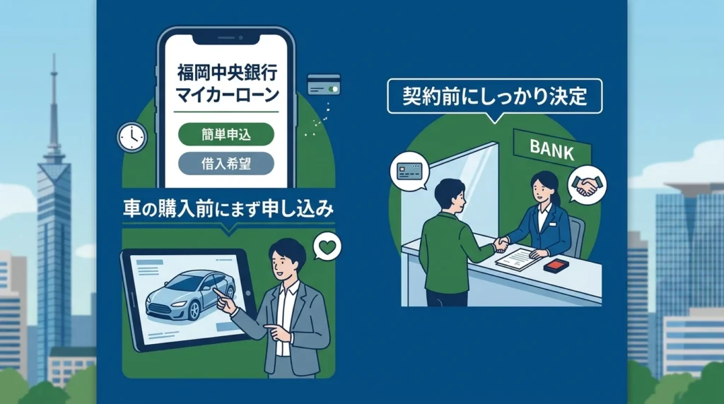 福岡中央銀行マイカーローンで車を決める前に申込み、契約前に判断できる流れを示す図解