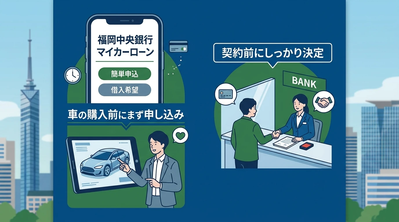 福岡中央銀行マイカーローンで車を決める前に申込み、契約前に判断できる流れを示す図解