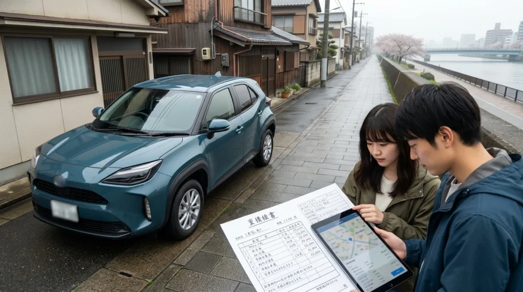 墨田区の川沿い遊歩道近くでコンパクトカーのそばに立ちタブレットで購入資料を確認する日本人の成人兄妹