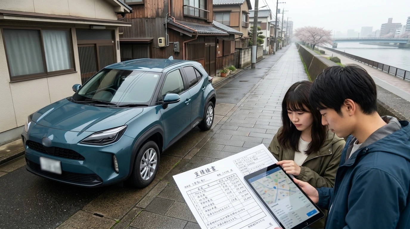 墨田区の川沿い遊歩道近くでコンパクトカーのそばに立ちタブレットで購入資料を確認する日本人の成人兄妹