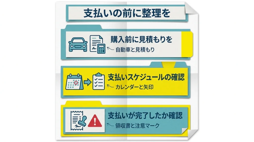 購入前の見積書、支払予定、支払済みを三つに分けて確認する日本語図解
