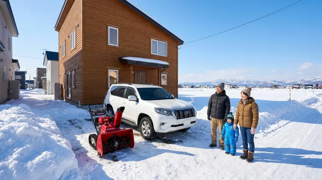 雪のある明るい自宅駐車場でSUVと除雪機のそばに立つ日本人親子3人