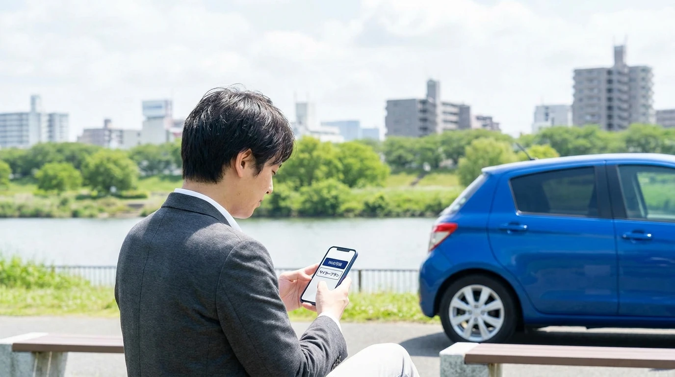 秋田の街並みを背景に車の購入計画をスマートフォンで確認する人