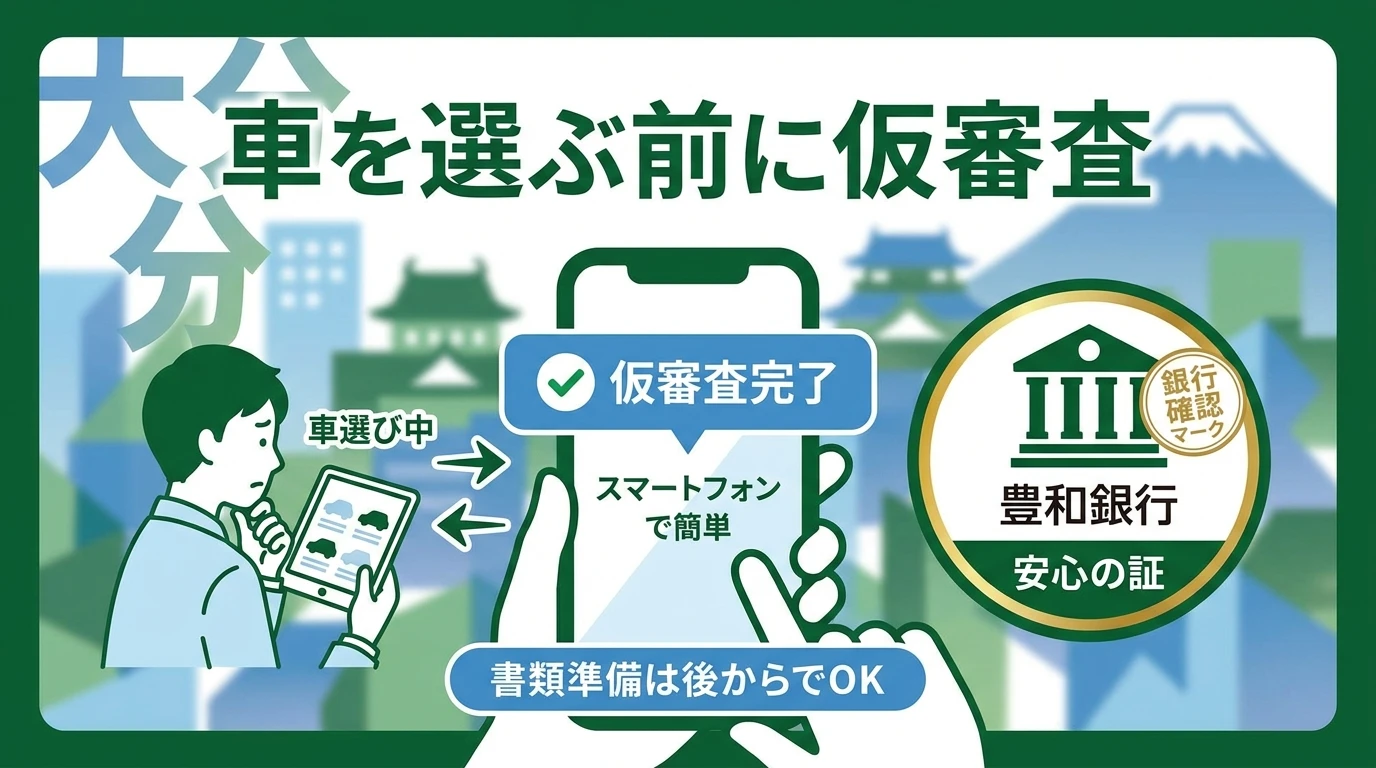 豊和銀行オートローンで購入する車が決まる前に仮審査から申込できることを示す図解