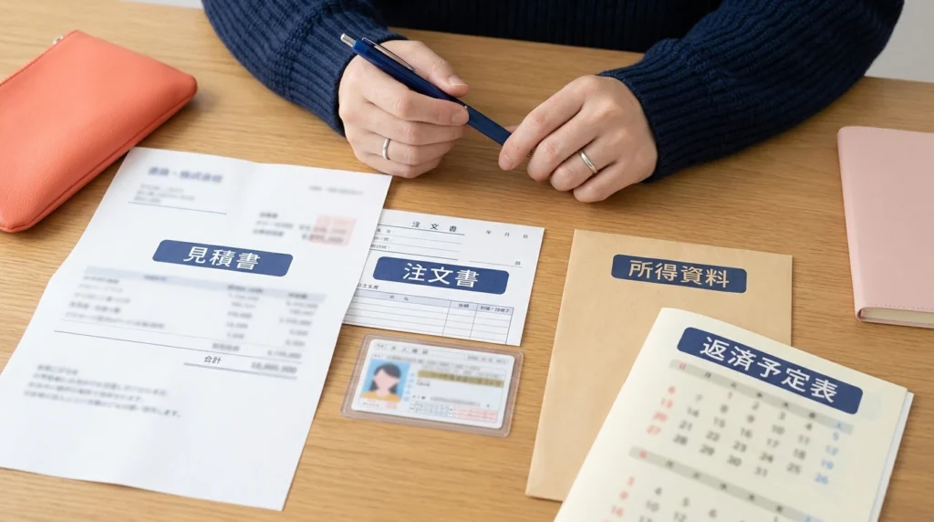 マイカーローン申込みに必要な本人確認書類と見積書を整理する人