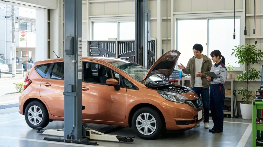城北信用金庫のマイカーローンを検討する日本人利用者と整備工場のコンパクトカー