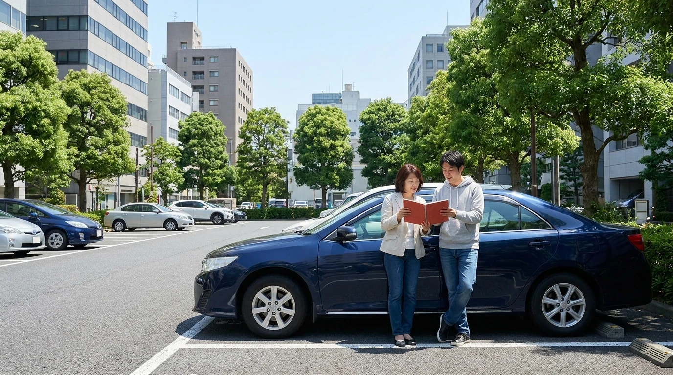 品川の街並みを背景に黒いセダンのそばで相談資料を確認する日本人の母子