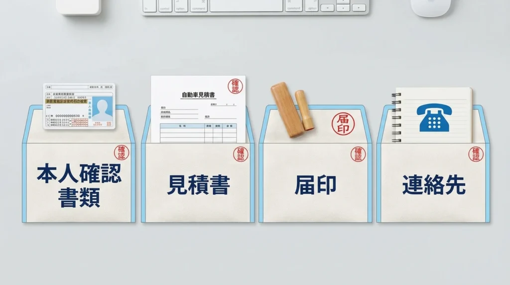 城南信用金庫マイカーローンの来店申込みで準備する本人確認書類、見積書、届印、連絡先を示す図解