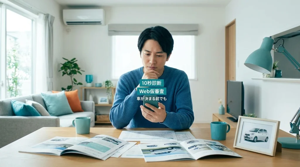 スマートフォンで関西みらいマイカーローンの10秒診断を確認する人