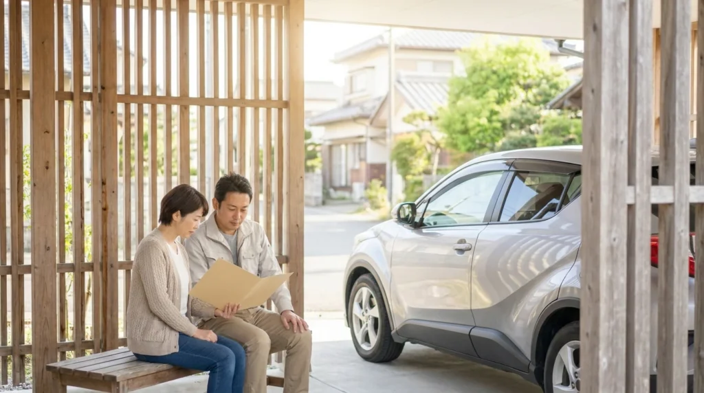 木格子のカーポートで銀色のクロスオーバー車を前に購入資料を確認する日本人の父と娘