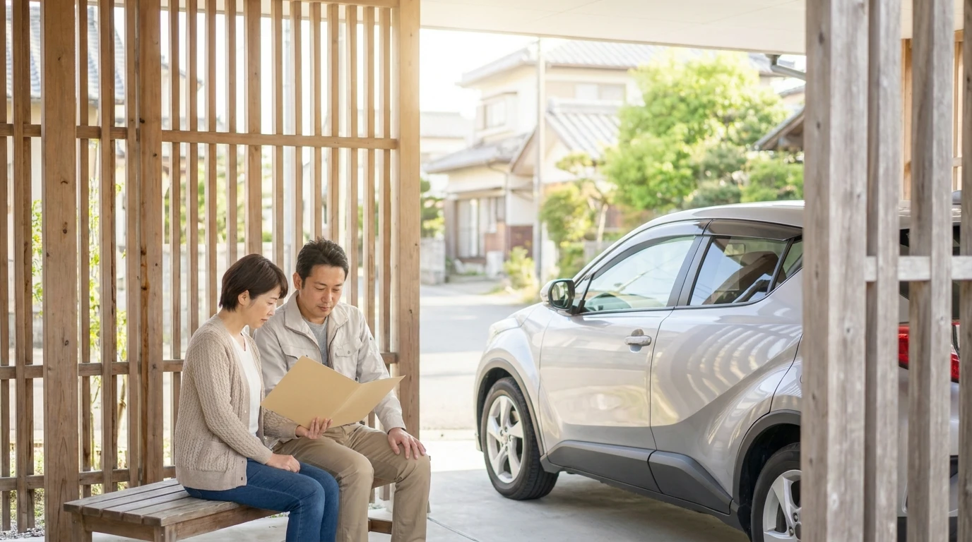 木格子のカーポートで銀色のクロスオーバー車を前に購入資料を確認する日本人の父と娘