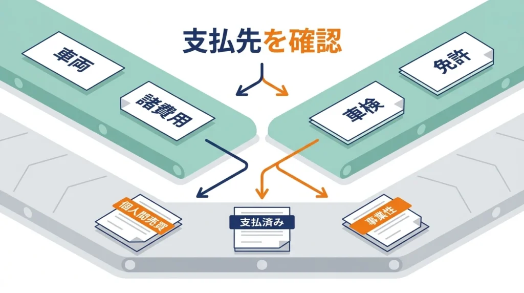 購入費用と対象外候補を二本の仕分けベルトで分ける資金使途の確認図