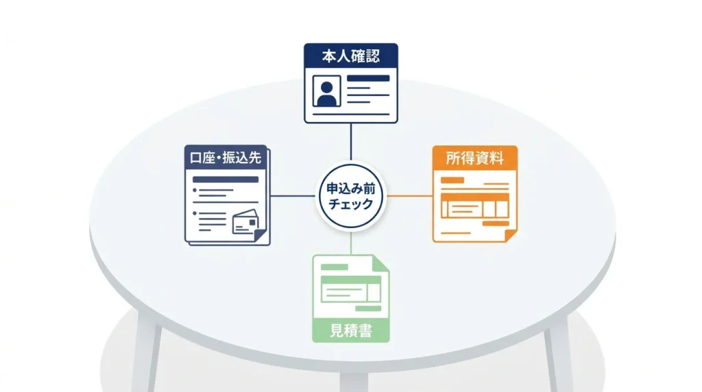本人確認、所得、見積書、口座情報の四つを円卓に配置した申込み前書類の準備図