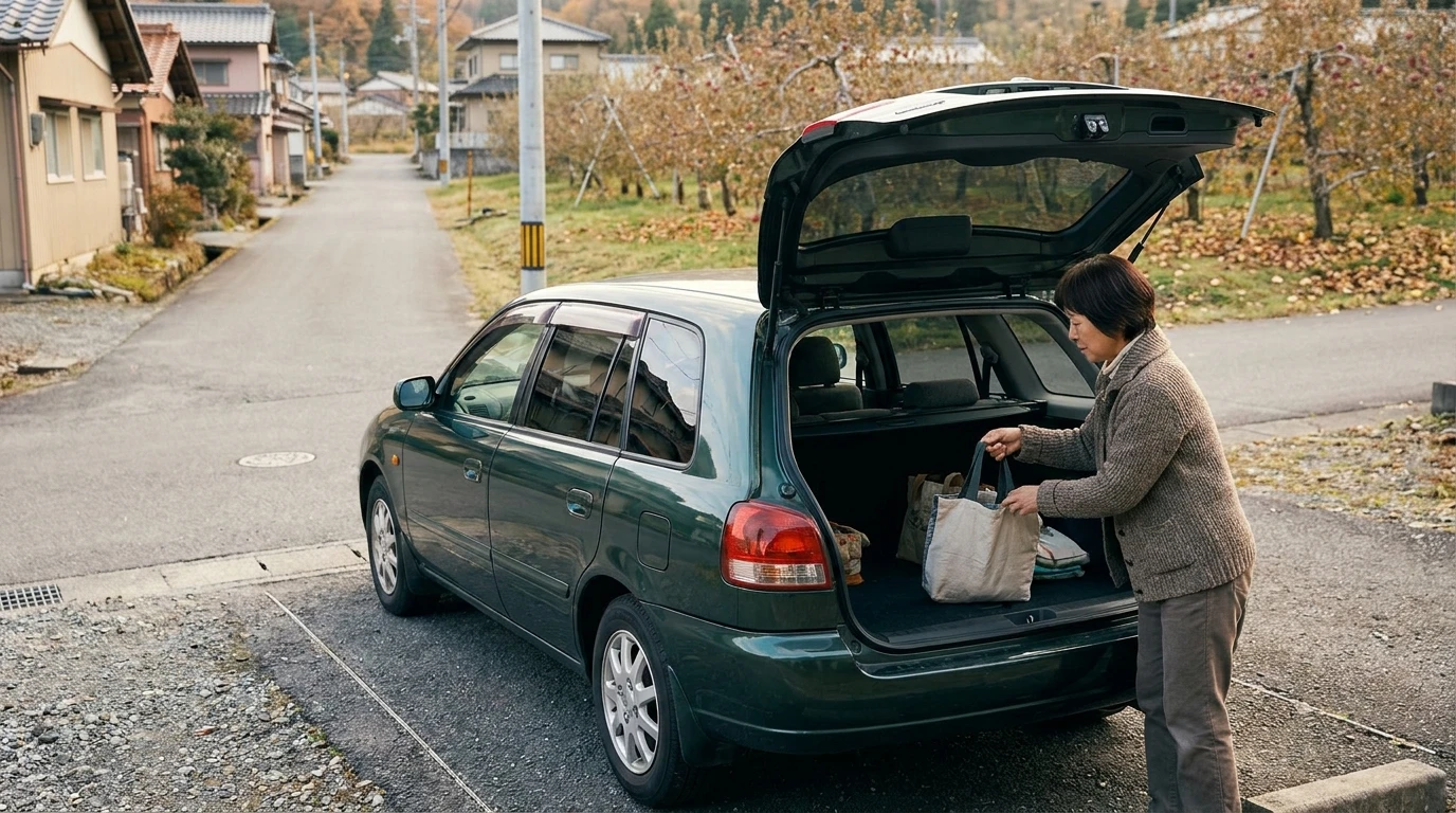 群馬県北部を思わせるりんご畑近くの駐車スペースで荷室を確認する日本人女性