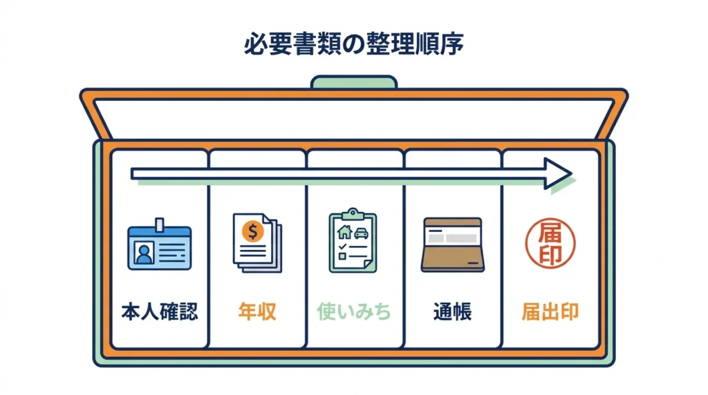本人確認、年収、資金使途、通帳、届出印をまとめて準備する書類ケース図