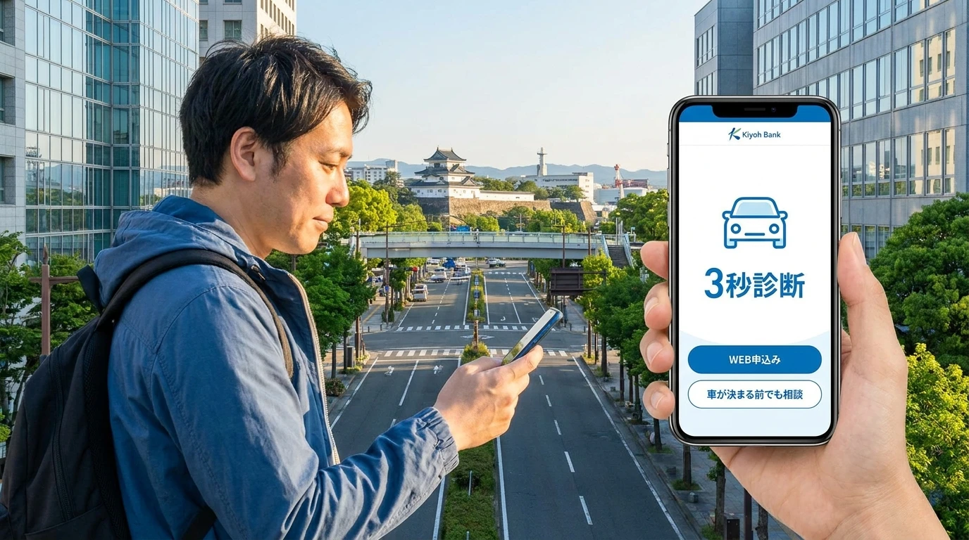 紀陽銀行マイカーローンの3秒診断とWEB申込みを示すスマートフォン画面