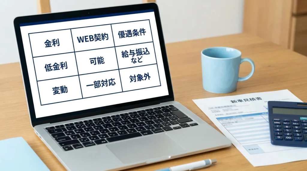 マイカーローンの金利と優遇条件を表で確認するイメージ