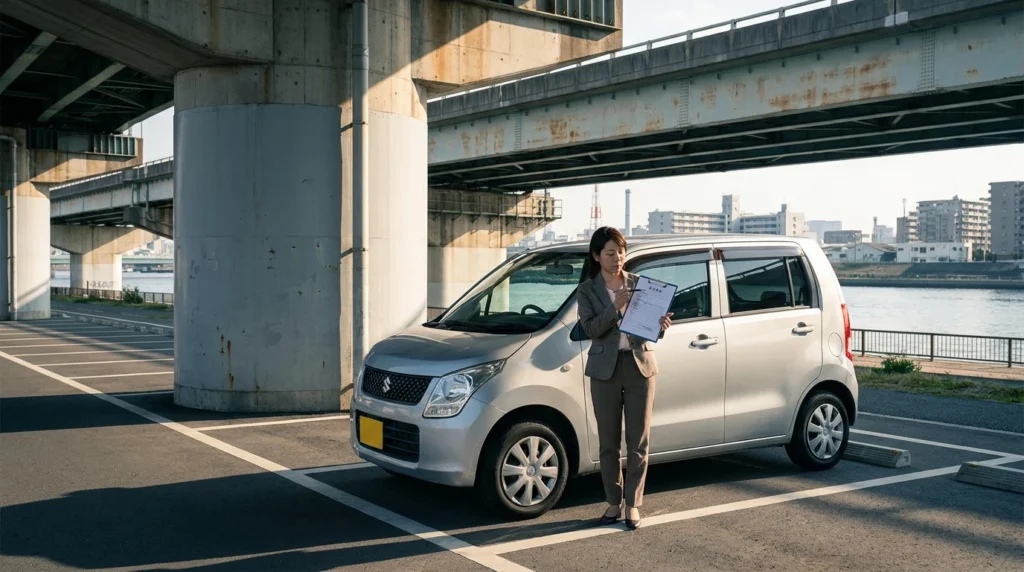 河川敷の高架下駐車スペースで車の費用を確認する日本人女性と銀色の小型ワゴン