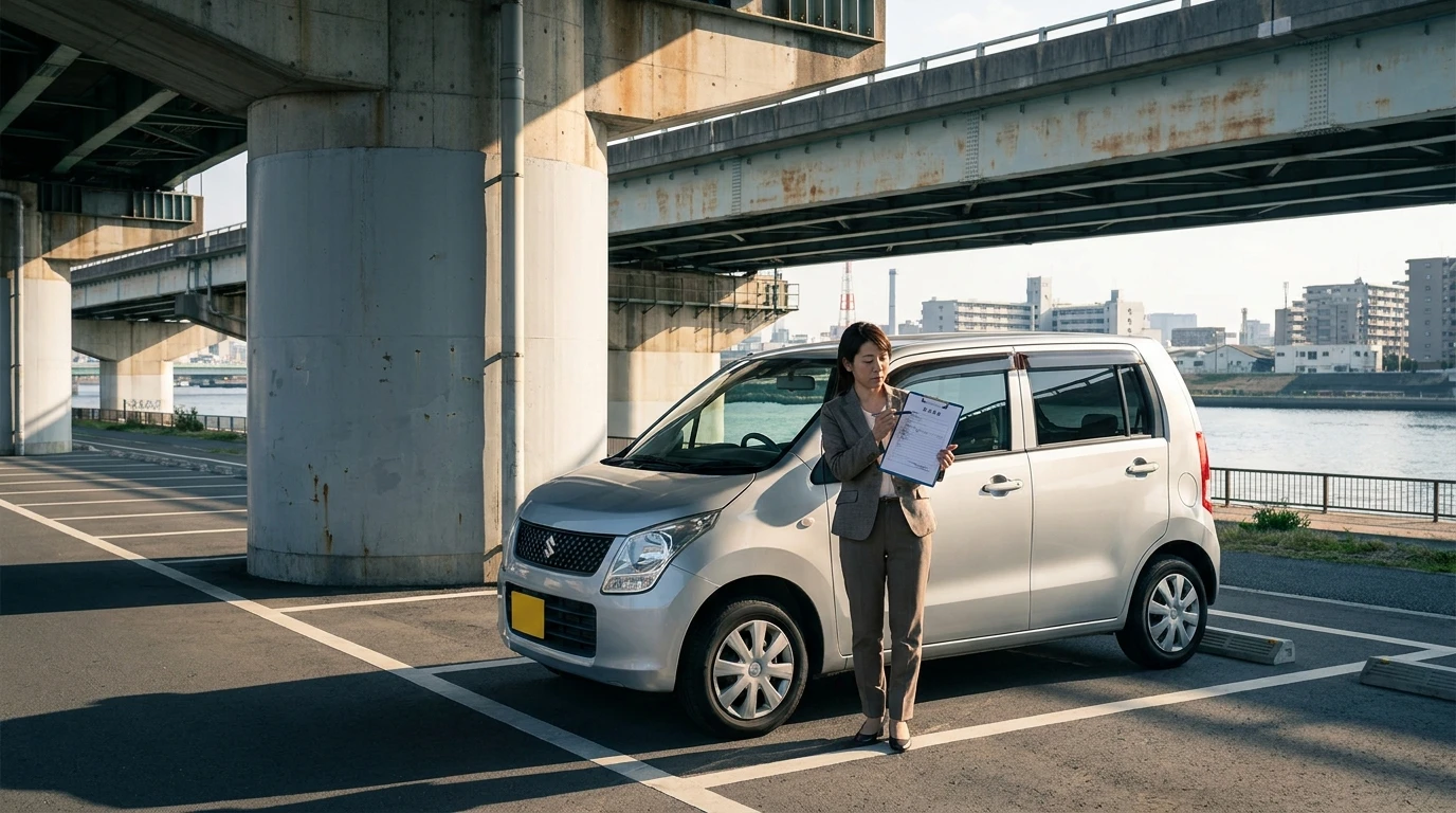 河川敷の高架下駐車スペースで車の費用を確認する日本人女性と銀色の小型ワゴン