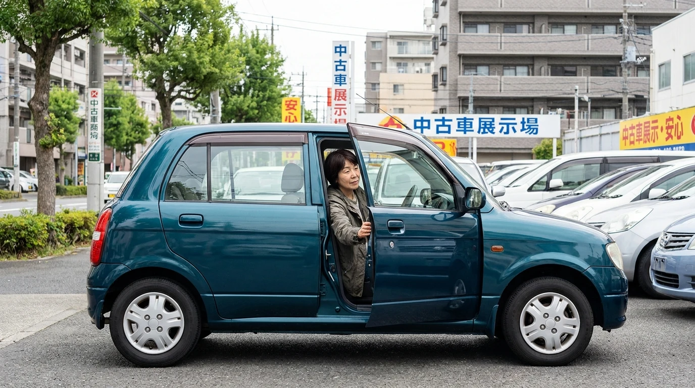 興産信用金庫カーライフプランを検討する日本人利用者と中古コンパクトカー