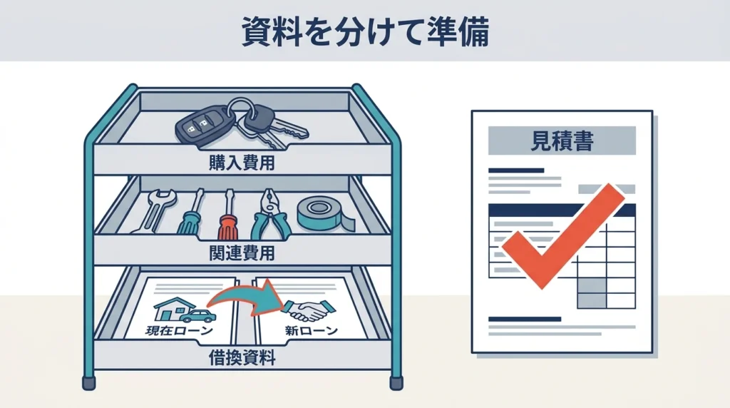 興産信用金庫カーライフプランの購入費用、関連費用、借換資料を分ける図解