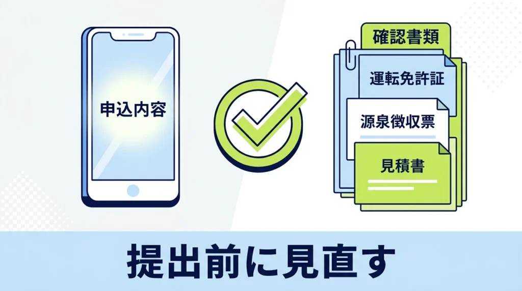 興産信用金庫カーライフプランの申込内容と本人確認書類、見積書を照合する図解