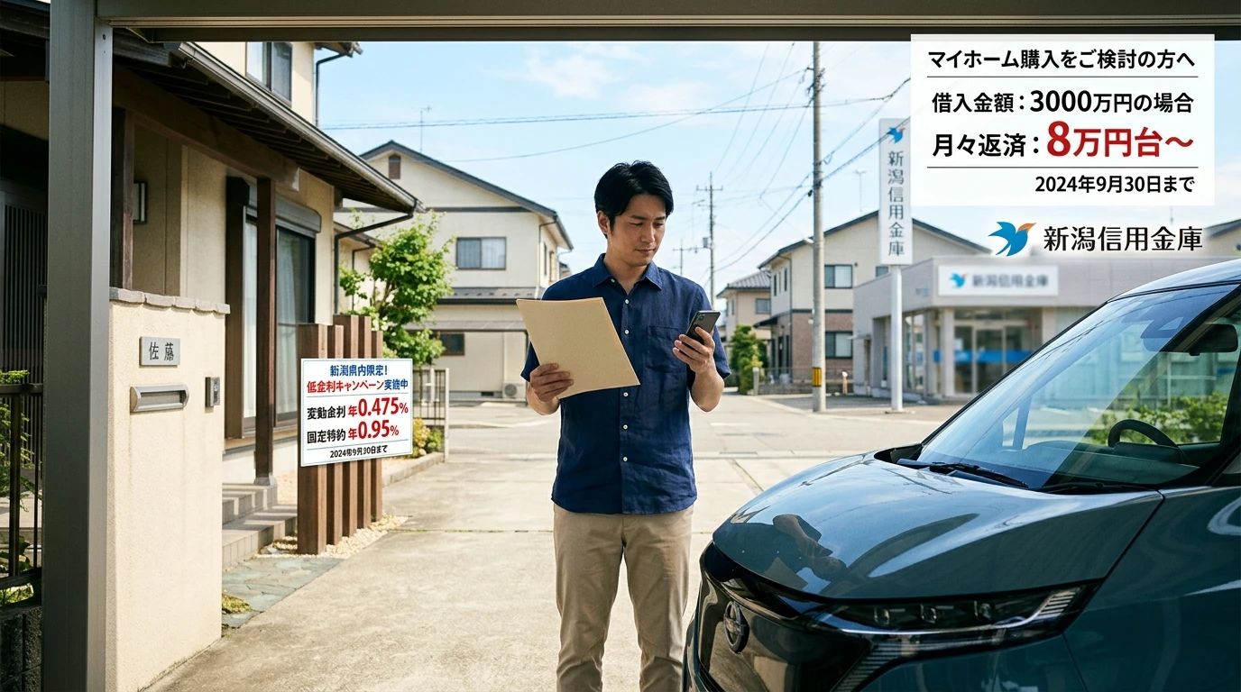 自宅のカーポートで車とスマートフォンを見比べる日本人の成人男性