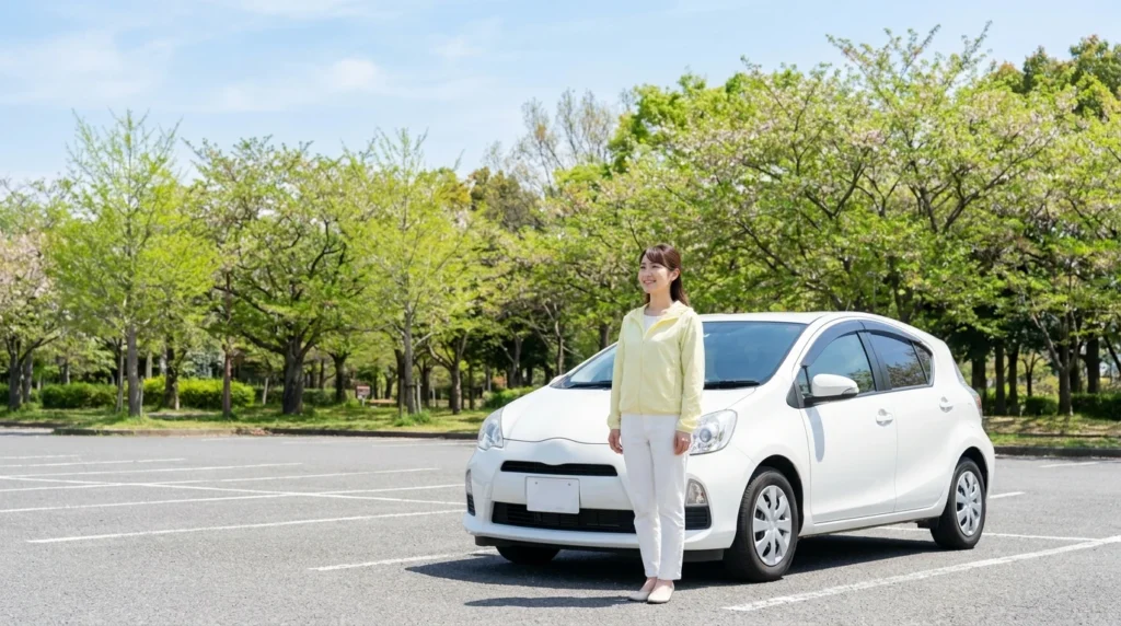 明るい公園駐車場で白いコンパクトカーのそばに立つ日本人の成人女性