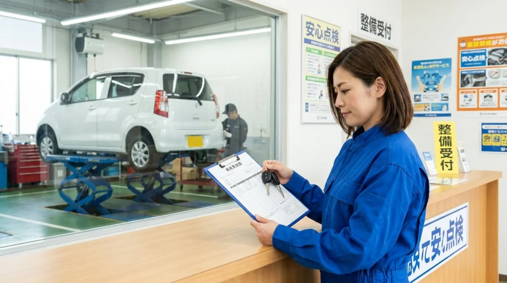 整備工場の受付で車検見積書と車の鍵を確認する日本人女性