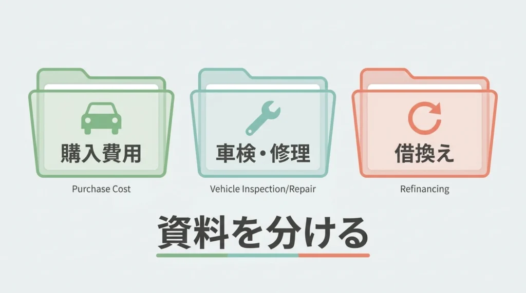 購入費用と車検修理費用と借換え資料を分ける図解