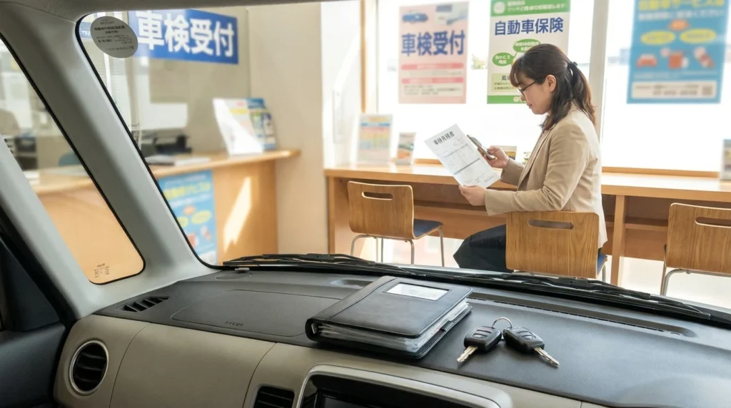 車検待合スペースで車両書類とスマートフォンを確認する日本人女性